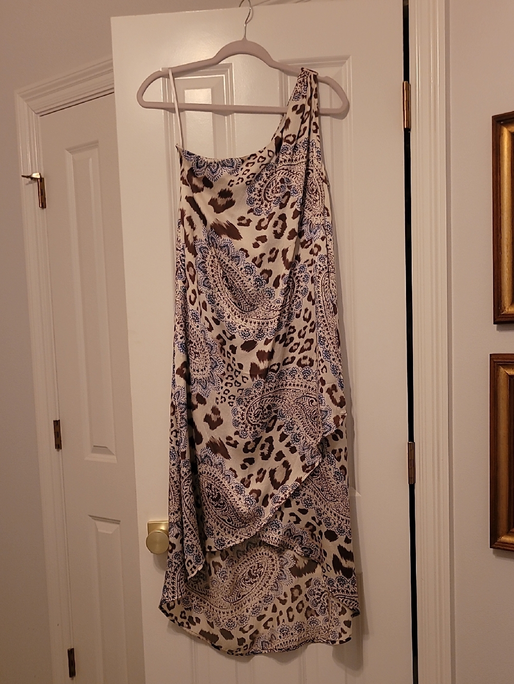 Tommy Bahama One-Shoulder Paisley & Leopard Print Dress in Beige and Blue 6
